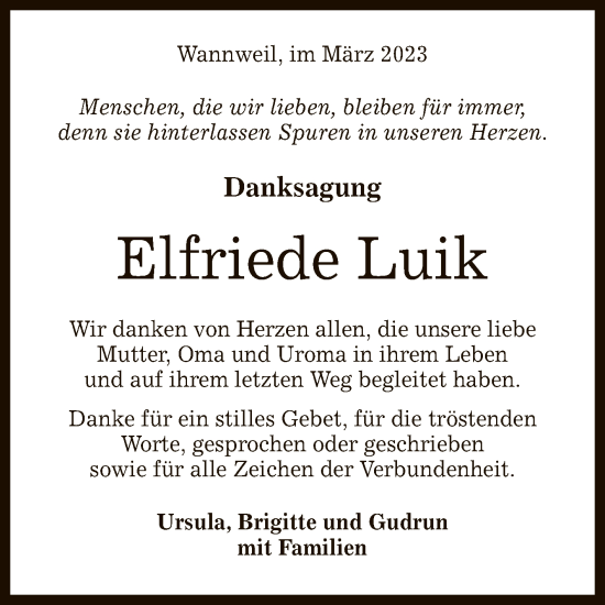 Anzeige von Elfriede Luik von Reutlinger General-Anzeiger