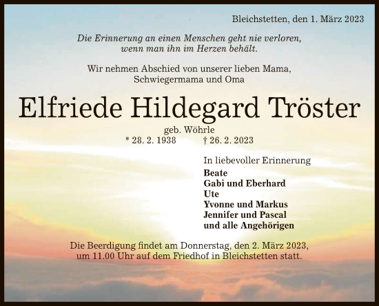 Anzeige von Elfriede Hildegard Tröster von Reutlinger General-Anzeiger