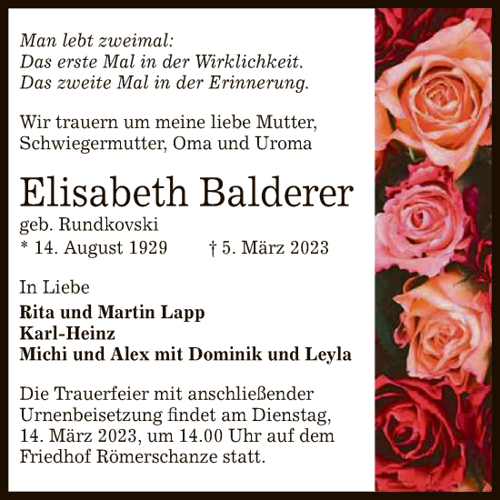 Anzeige von Elisabeth Balderer von Reutlinger General-Anzeiger