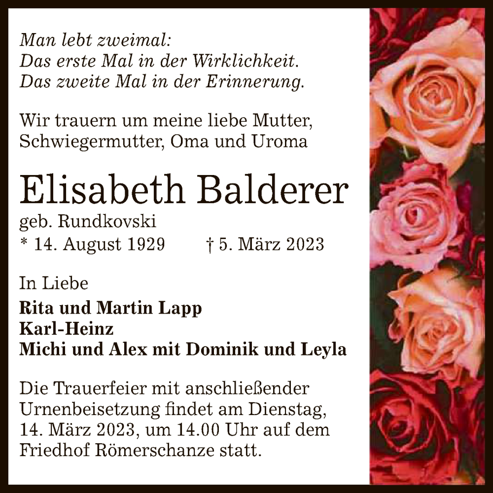  Traueranzeige für Elisabeth Balderer vom 11.03.2023 aus Reutlinger General-Anzeiger