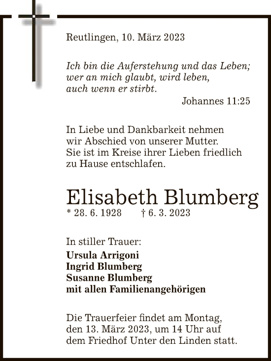 Anzeige von Elisabeth Blumberg von Reutlinger General-Anzeiger