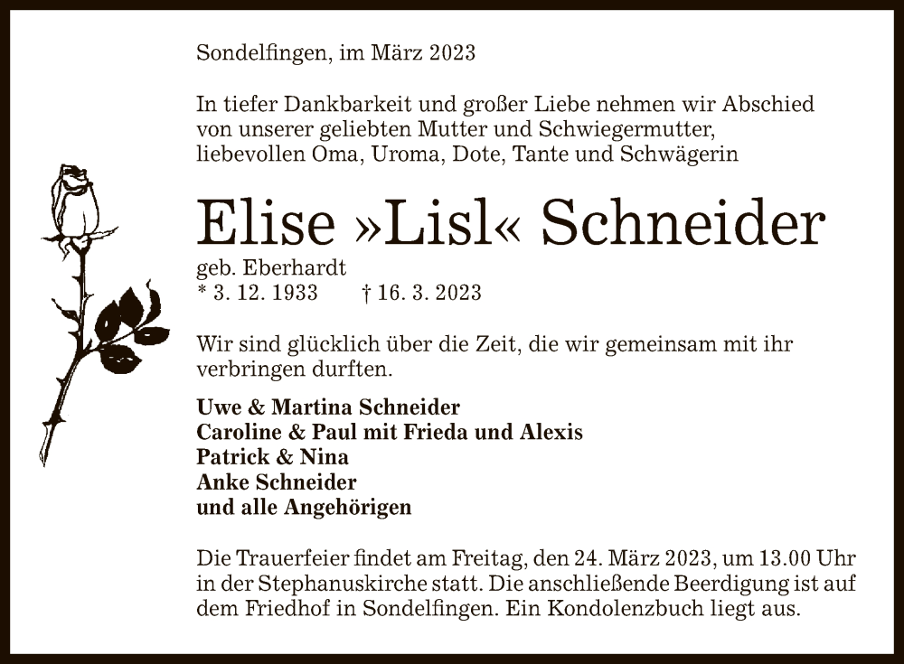  Traueranzeige für Elise Lisl Schneider vom 21.03.2023 aus Reutlinger General-Anzeiger
