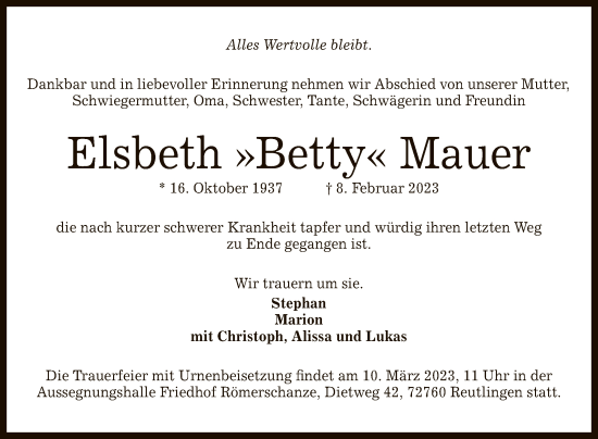 Anzeige von Elsbeth Mauer von Reutlinger General-Anzeiger