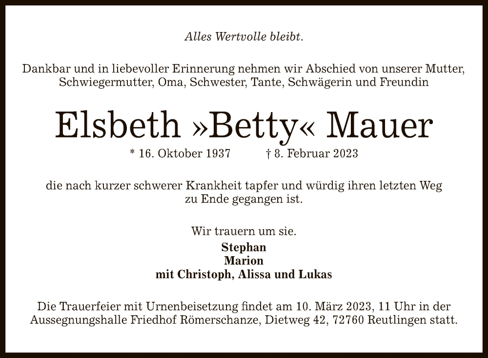  Traueranzeige für Elsbeth Mauer vom 04.03.2023 aus Reutlinger General-Anzeiger