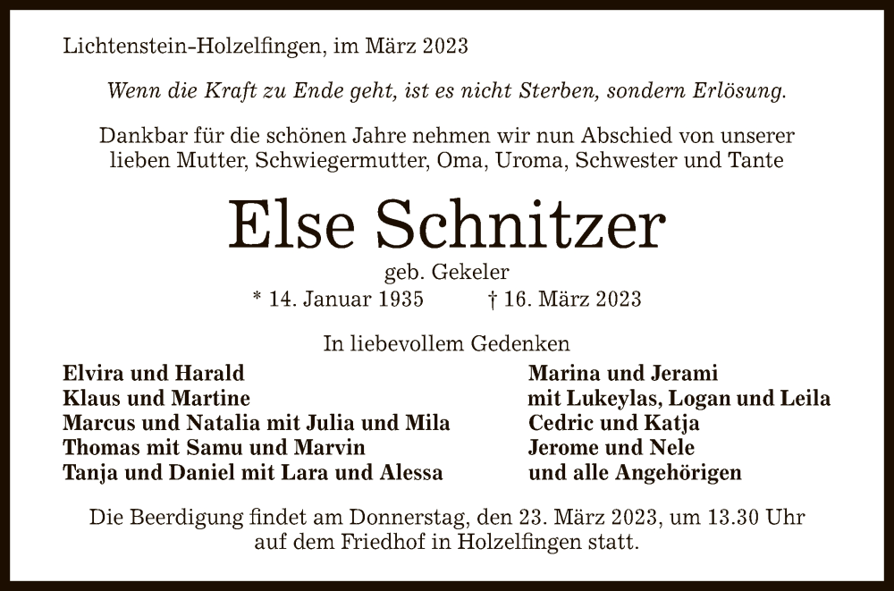  Traueranzeige für Else Schnitzer vom 21.03.2023 aus Reutlinger General-Anzeiger