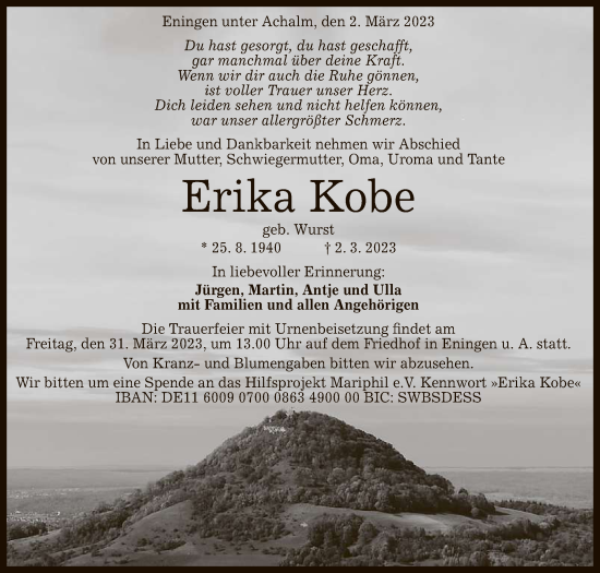 Anzeige von Erika Kobe von Reutlinger General-Anzeiger