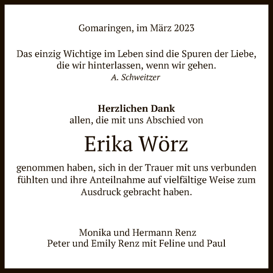 Anzeige von Erika Wörz von Reutlinger General-Anzeiger