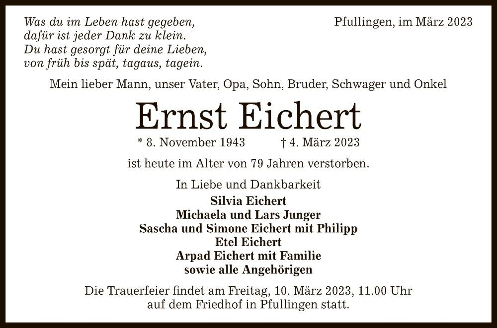  Traueranzeige für Ernst Eichert vom 08.03.2023 aus Reutlinger General-Anzeiger
