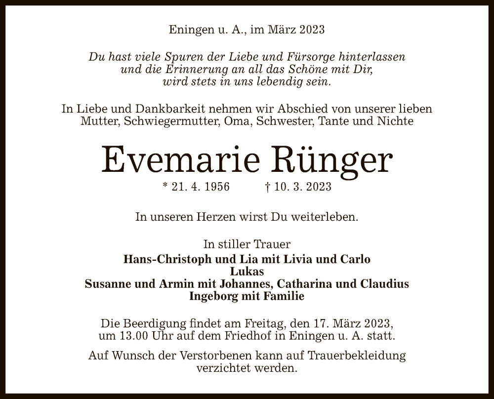  Traueranzeige für Evemarie Rünger vom 14.03.2023 aus Reutlinger General-Anzeiger