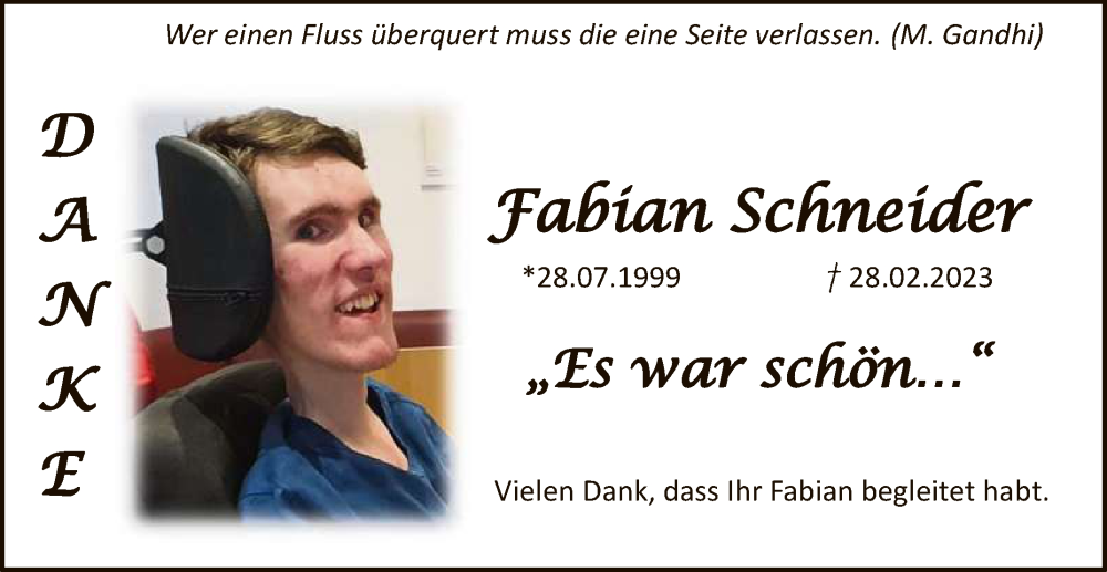  Traueranzeige für Fabian Schneider vom 14.03.2023 aus Reutlinger General-Anzeiger