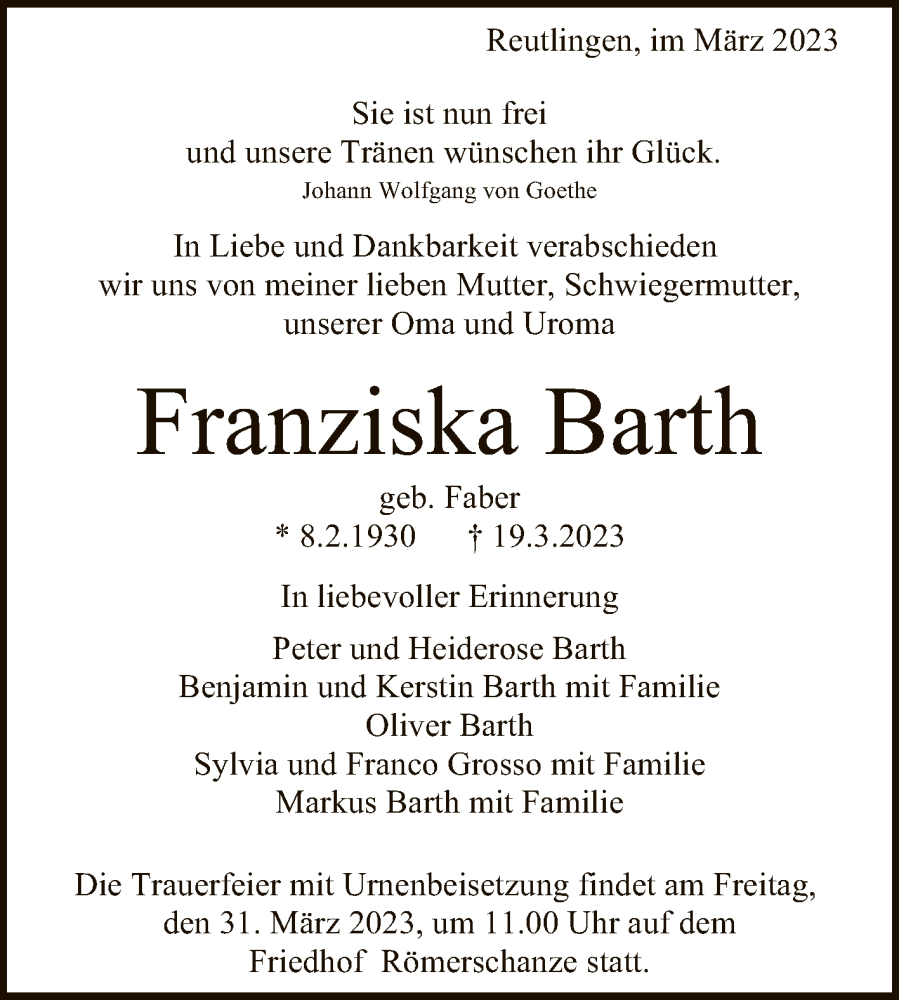  Traueranzeige für Franziska Barth vom 25.03.2023 aus Reutlinger General-Anzeiger