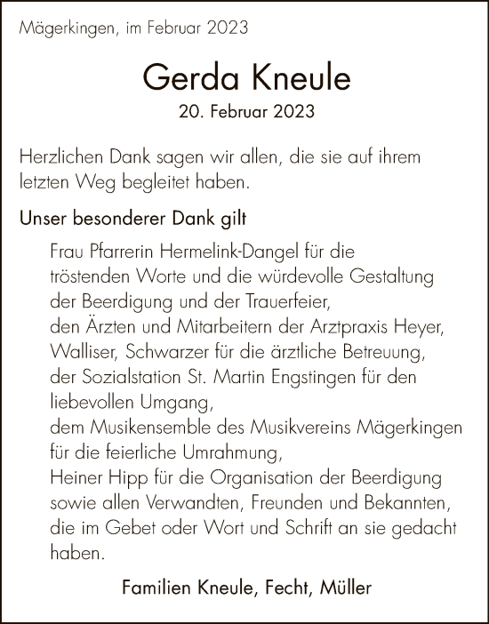 Anzeige von Gerda Kneule von Reutlinger General-Anzeiger