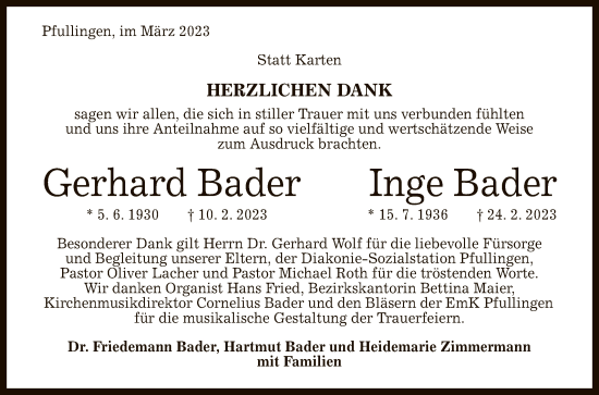 Anzeige von Gerhard und Inge Bader von Reutlinger General-Anzeiger