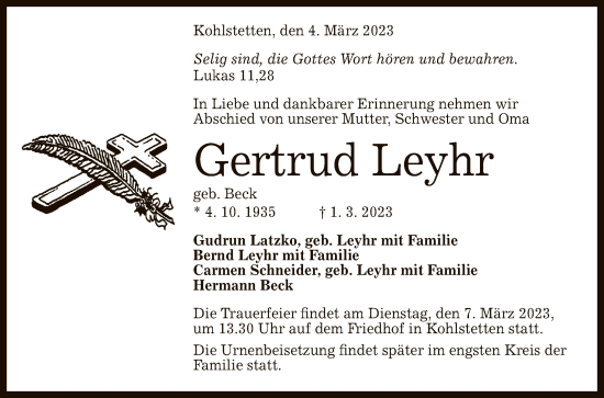 Anzeige von Gertrud Leyhr von Reutlinger General-Anzeiger