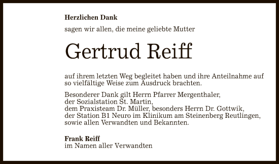 Anzeige von Gertrud Reiff von Reutlinger General-Anzeiger