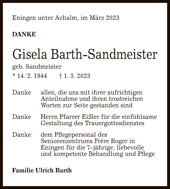 Anzeige von Gisela Barth-Sandmeister von Reutlinger General-Anzeiger