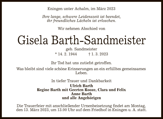 Anzeige von Gisela Barth-Sandmeister von Reutlinger General-Anzeiger