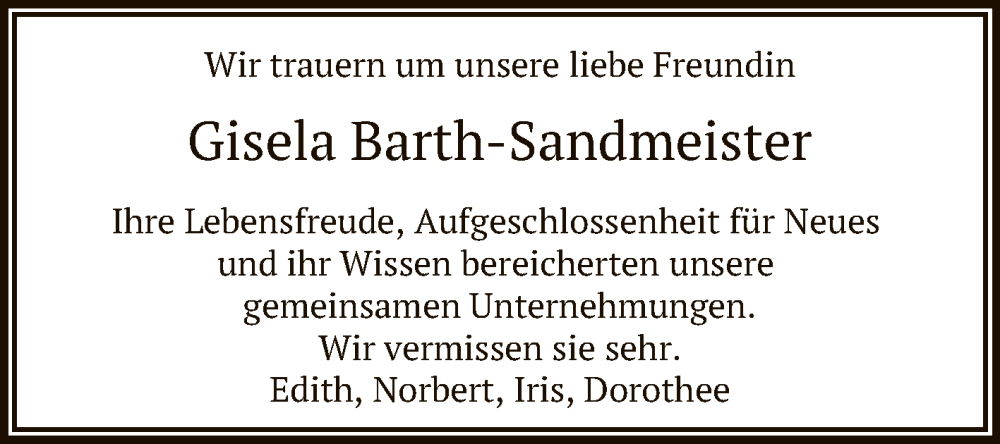  Traueranzeige für Gisela Barth-Sandmeister vom 09.03.2023 aus Reutlinger General-Anzeiger