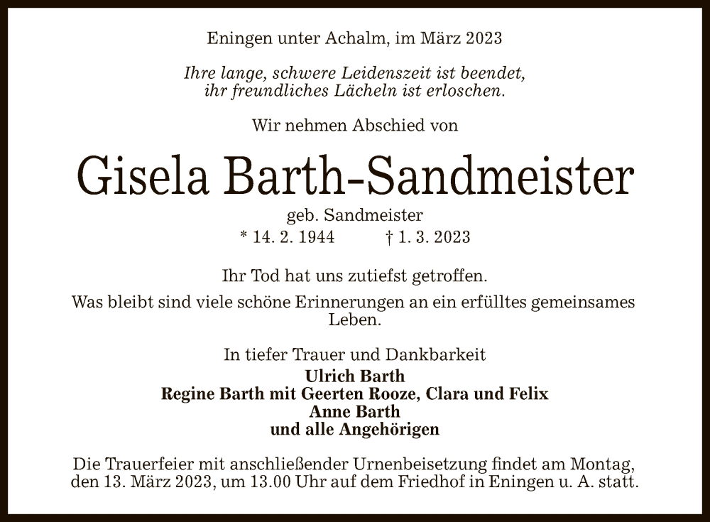  Traueranzeige für Gisela Barth-Sandmeister vom 09.03.2023 aus Reutlinger General-Anzeiger