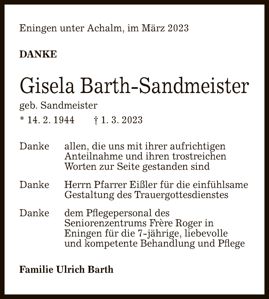  Traueranzeige für Gisela Barth-Sandmeister vom 18.03.2023 aus Reutlinger General-Anzeiger