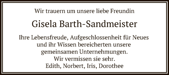 Anzeige von Gisela Barth-Sandmeister von Reutlinger General-Anzeiger