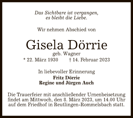 Anzeige von Gisela Dörrie von Reutlinger General-Anzeiger