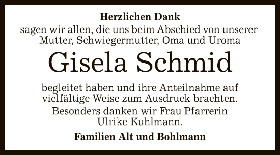 Anzeige von Gisela Schmid von Reutlinger General-Anzeiger