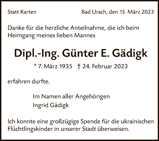 Anzeige von Günter E. Gädigk von Reutlinger General-Anzeiger