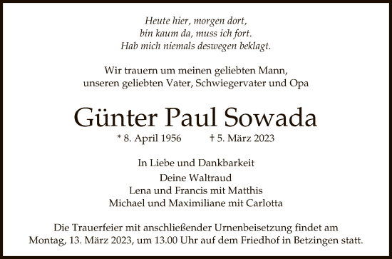 Anzeige von Günter Paul Sowada von Reutlinger General-Anzeiger
