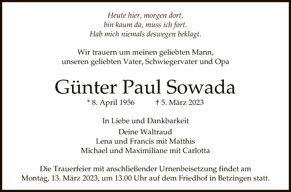  Traueranzeige für Günter Paul Sowada vom 11.03.2023 aus Reutlinger General-Anzeiger