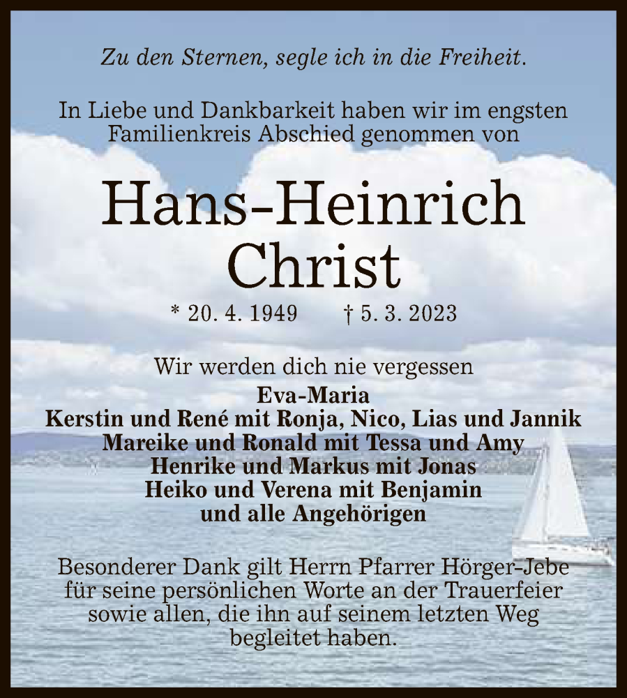  Traueranzeige für Hans-Heinrich Christ vom 18.03.2023 aus Reutlinger General-Anzeiger