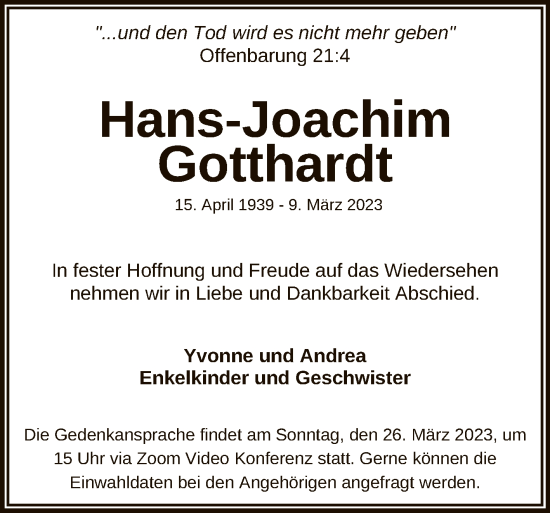 Anzeige von Hans-Joachim Gotthardt von Reutlinger General-Anzeiger