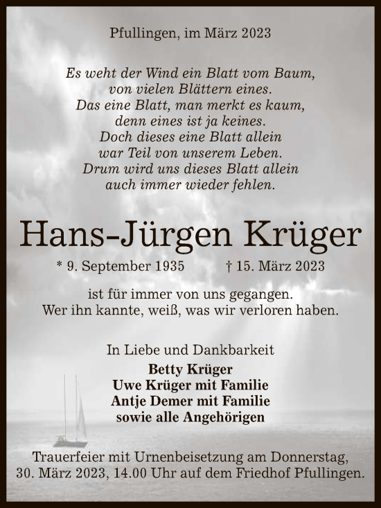 Anzeige von Hans-Jürgen Krüger von Reutlinger General-Anzeiger