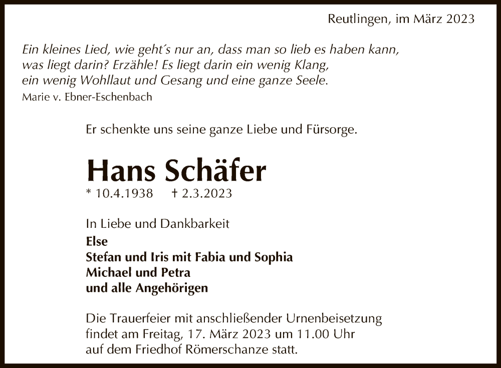  Traueranzeige für Hans Schäfer vom 11.03.2023 aus Reutlinger General-Anzeiger