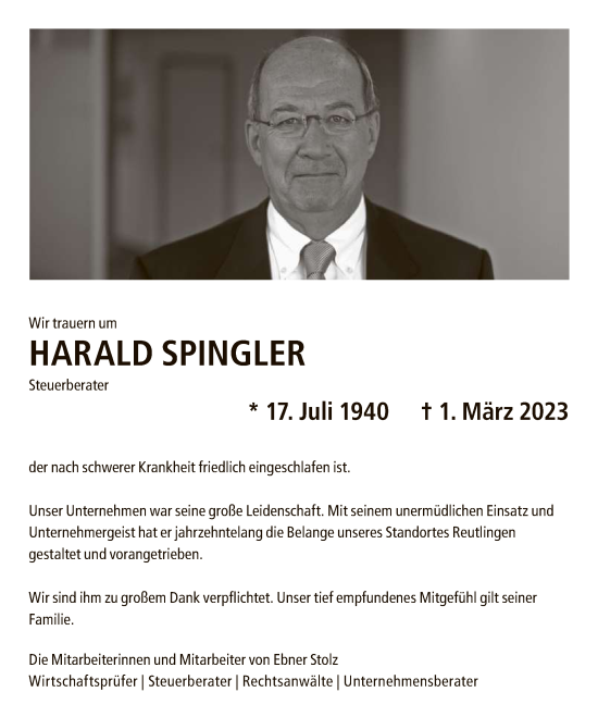Anzeige von Harald Spingler von Reutlinger General-Anzeiger
