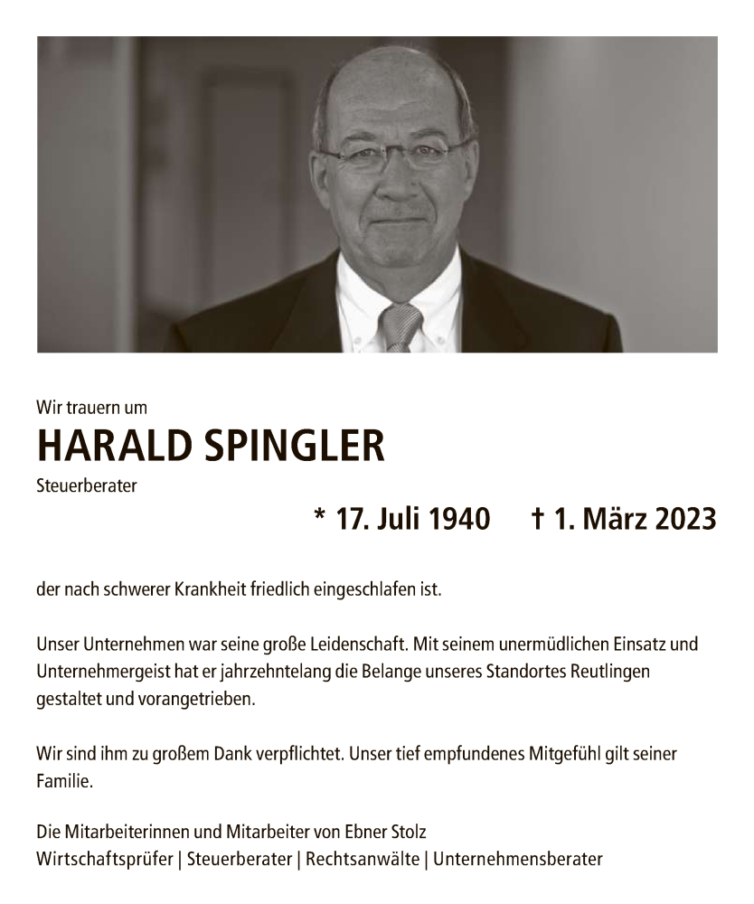  Traueranzeige für Harald Spingler vom 04.03.2023 aus Reutlinger General-Anzeiger