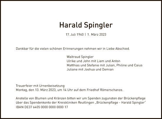 Anzeige von Harald Spingler von Reutlinger General-Anzeiger