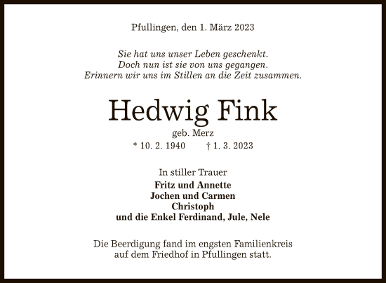 Anzeige von Hedwig Fink von Reutlinger General-Anzeiger