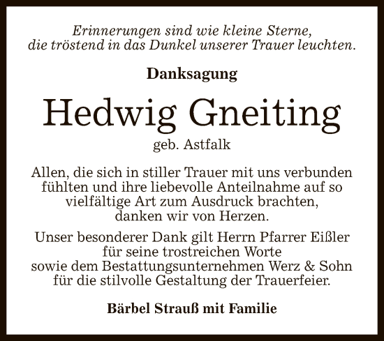 Anzeige von Hedwig Gneiting von Reutlinger General-Anzeiger