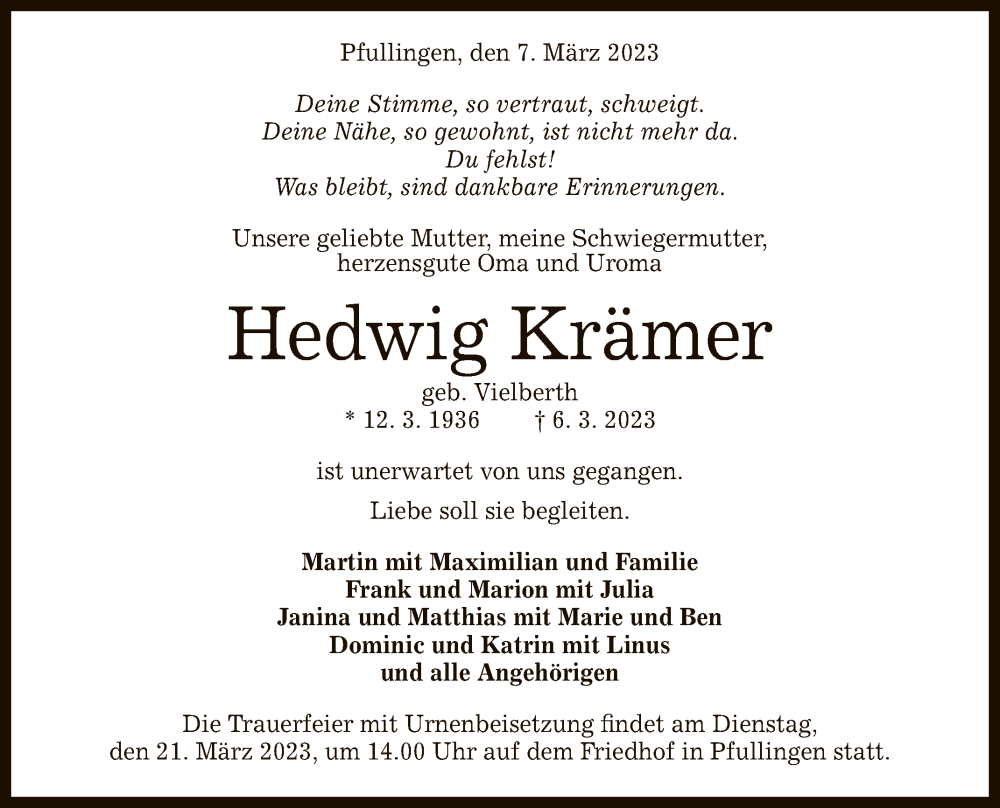  Traueranzeige für Hedwig Krämer vom 11.03.2023 aus Reutlinger General-Anzeiger