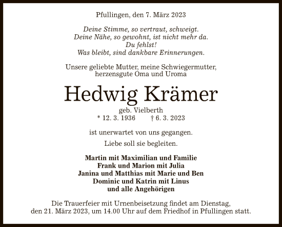 Anzeige von Hedwig Krämer von Reutlinger General-Anzeiger