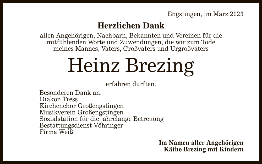  Traueranzeige für Heinz Brezing vom 04.03.2023 aus Reutlinger General-Anzeiger