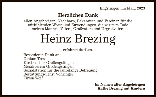 Anzeige von Heinz Brezing von Reutlinger General-Anzeiger