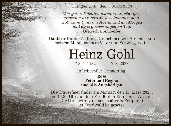 Anzeige von Heinz Gohl von Reutlinger General-Anzeiger