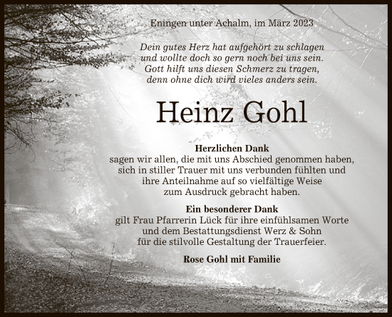 Anzeige von Heinz Gohl von Reutlinger General-Anzeiger