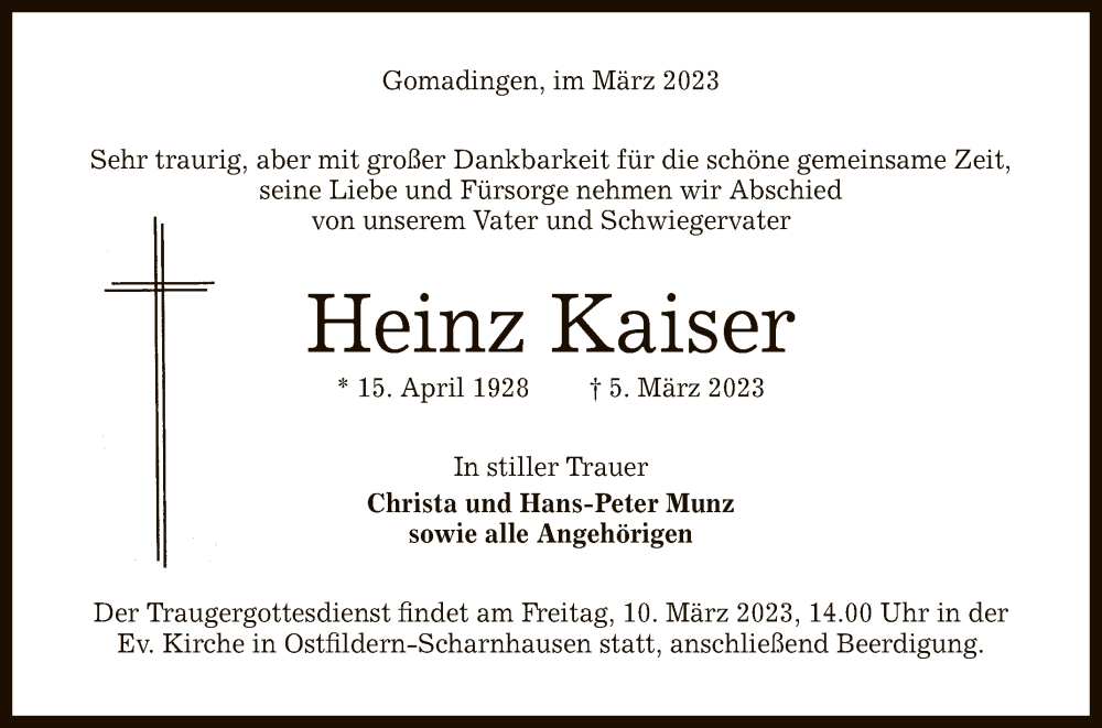  Traueranzeige für Heinz Kaiser vom 07.03.2023 aus Reutlinger General-Anzeiger