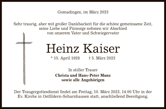 Anzeige von Heinz Kaiser von Reutlinger General-Anzeiger