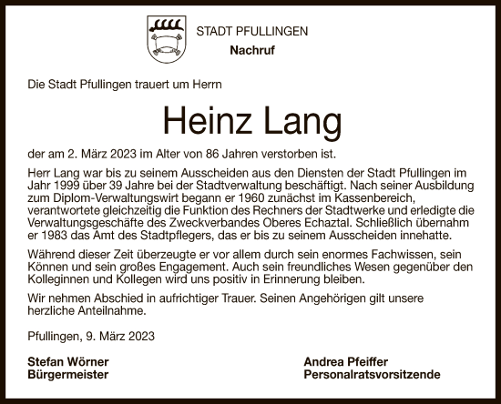 Anzeige von Heinz Lang von Reutlinger General-Anzeiger