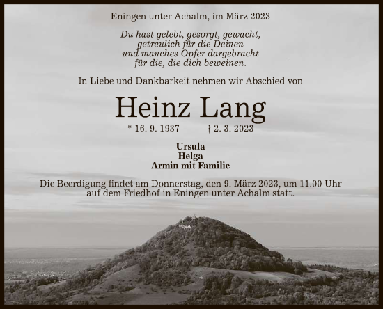 Anzeige von Heinz Lang von Reutlinger General-Anzeiger