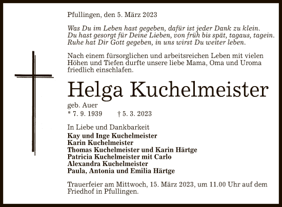 Anzeige von Helga Kuchelmeister von Reutlinger General-Anzeiger